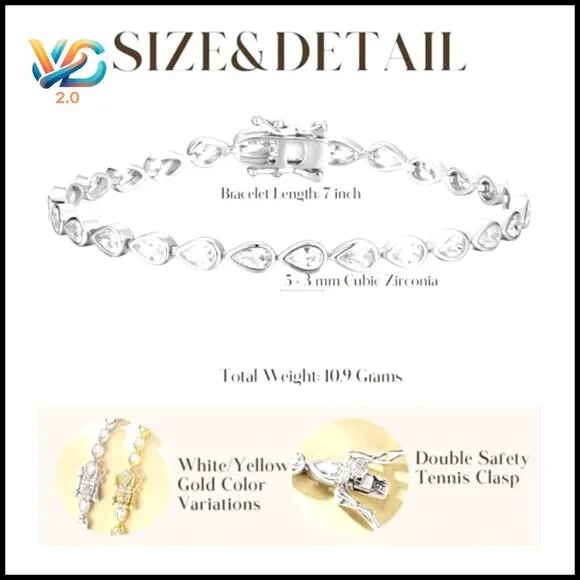 Sterling Silver Tennis Bracelet Pear Cut Cubic Zirconia Classic Elegant Jewelry